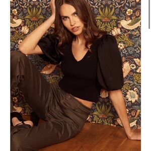 Caballero Andrea Top Black Puff Short Sleeve Vneck Knit Ribbed Crop Sz S